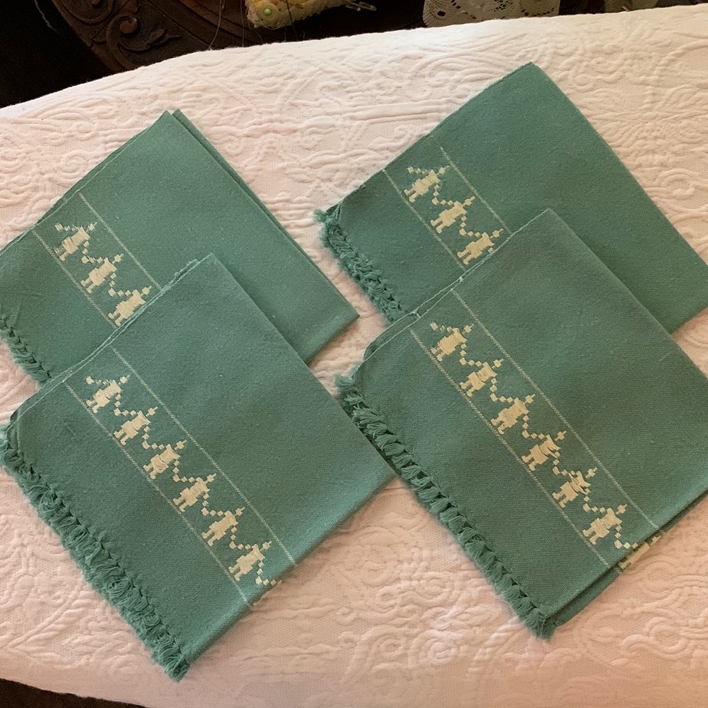 VINTAGE LUNCHEON NAPKINS SET OF (4) TEAL/WHITE:SELF KNOTTED FRINGE 12”x13”COTTON - Picture 2 of 5